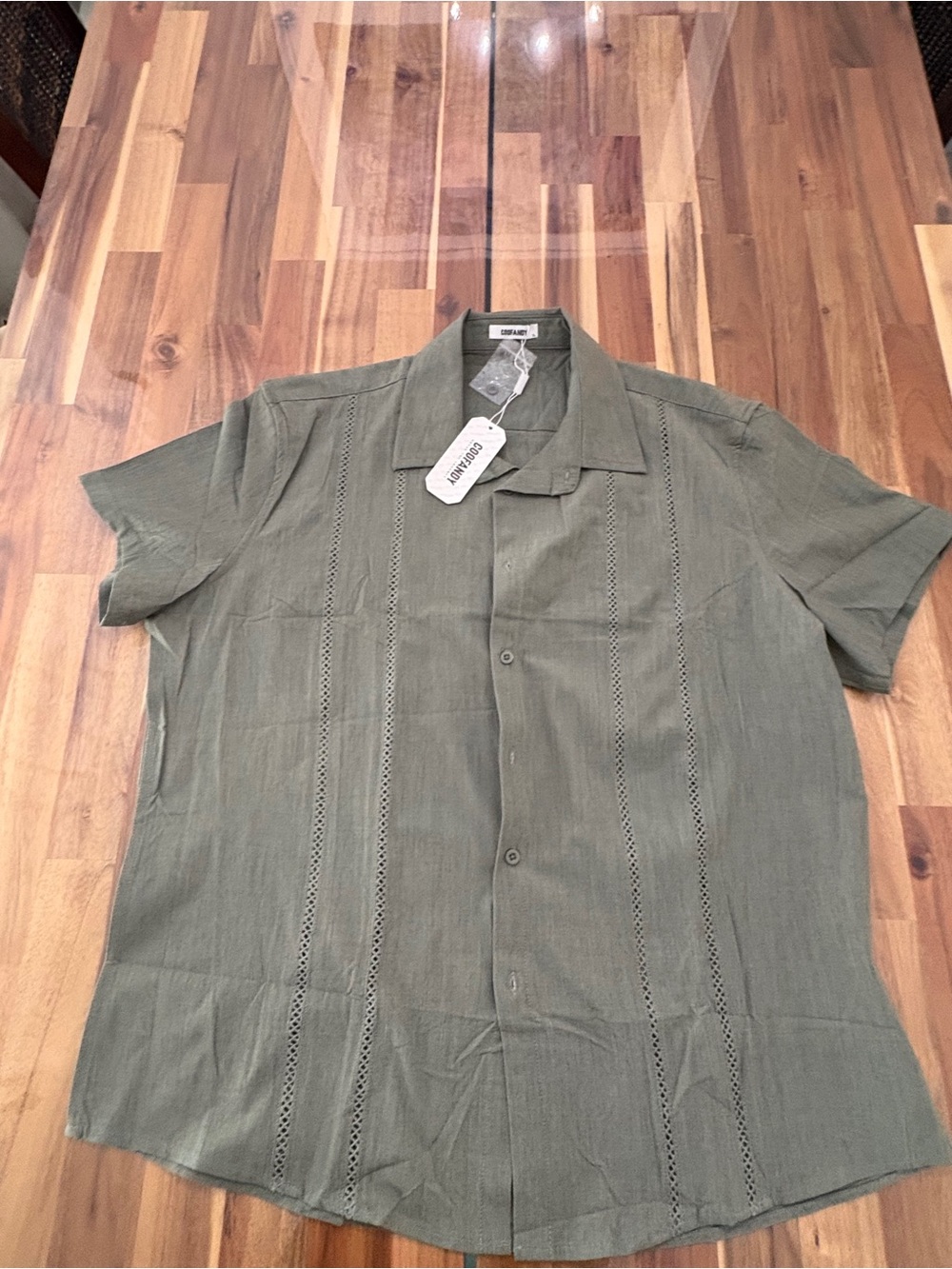 NWT Men's Coofandy Sz XL Green Linen Button Down Short Sleeve Shirt Top Eyelet